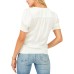  Womens Puff-Shoulder Smocked-Hem V-Neck Blouse, White, Small