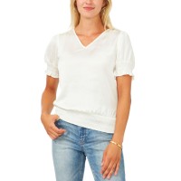 Vince Camuto Womens Puff-Shoulder Smocked-Hem V-Neck Blouse, White, Small