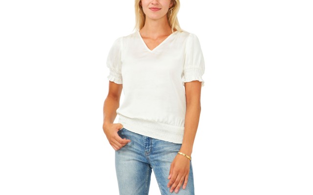  Womens Puff-Shoulder Smocked-Hem V-Neck Blouse, White, Small