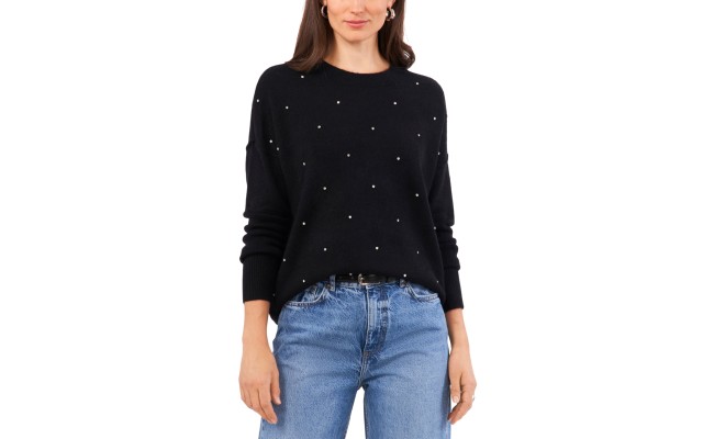  Women’s Rhinestone-Studded Drop-Shoulder Sweater – Rich Black, XX-Large