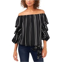Vince Camuto Womens Ruched Tie Elasticized Striped 3/4 Sleeve Off Shoulder Top, Black, 2X