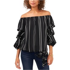 Vince Camuto Womens Ruched Tie Elasticized Striped 3/4 Sleeve Off Shoulder Top, Black, 2X