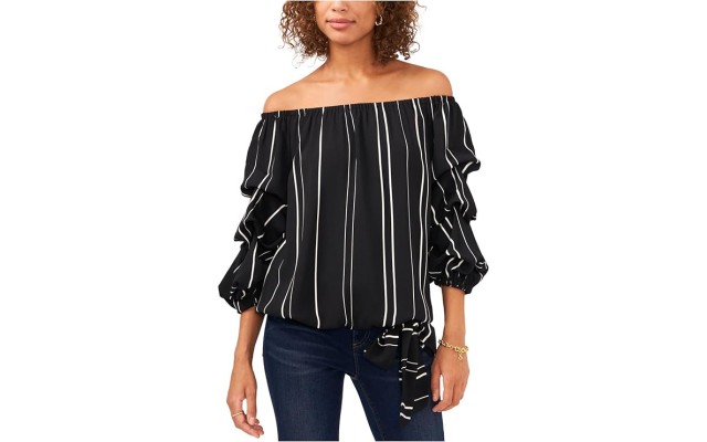  Womens Ruched Tie Elasticized Striped 3/4 Sleeve Off Shoulder Top, Black, 2X