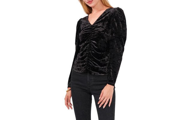  Womens Ruched Velour Top, Black, XL
