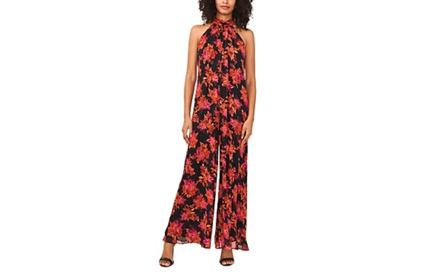  Women’s Sleeveless Pleated Floral Halter Jumpsuit, Black/Red, Medium