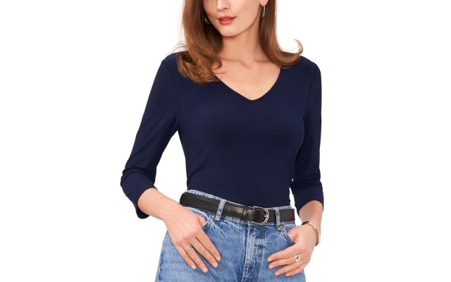  Women’s Solid Color V-Neck Keyhole Top, Classic Navy, X-Small