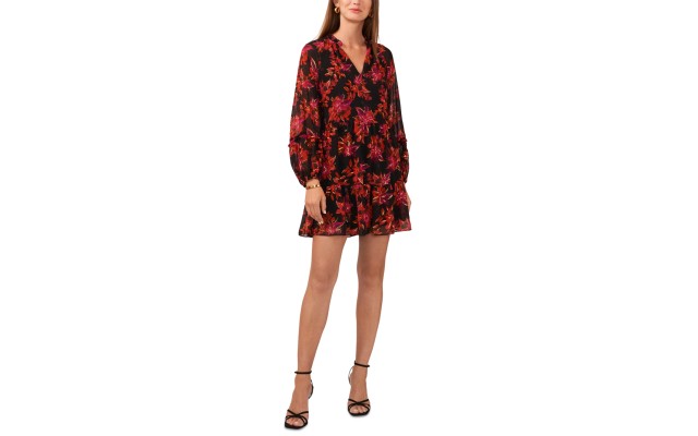  Women’s Split-Neck Long-Sleeve Babydoll Dress – Rich Black/Red, Medium