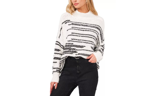  Womens Stripe Mock Neck Sweater, Antique White, X-Small