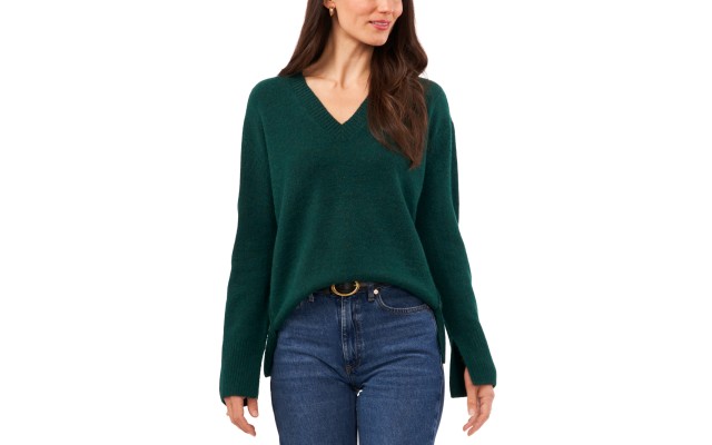  Women’s V-Neck Ribbed-Edge Sweater, Green, Large