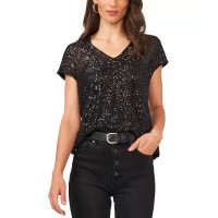 Vince Camuto Womens V-Neck Sequin Top, Black