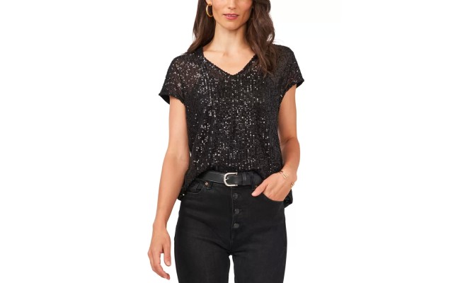  Womens V-Neck Sequin Top, Black