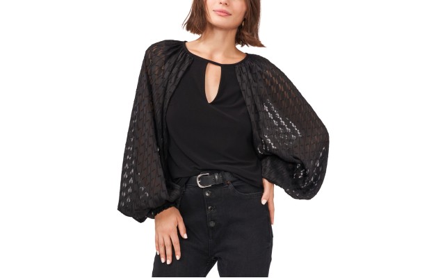  Wome’s Mixed-Media Balloon-Sleeve Top Black, XX-Small