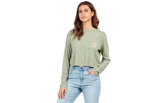  Juniors’ Organic Cotton Pocket Dial Long Sleeve Tee, Light Army, XS
