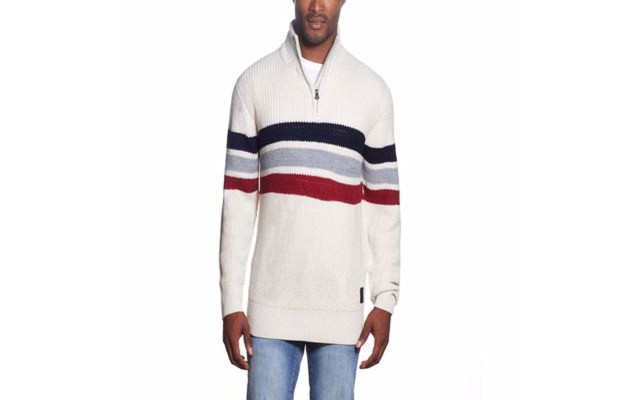  Men’s Shaker Stitch Stripe Half Zip Sweater, Ecru, Small