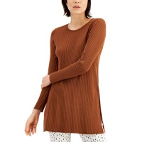 Alfani Womens Ribbed Long Sleeve Tunic Sweater, Brown, Medium