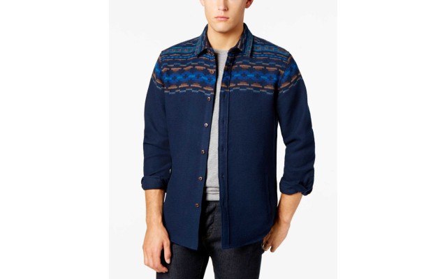  Men’s Folk Geo-Print Shirt (Navy, 2XL)