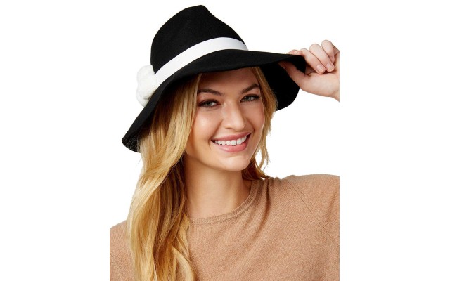  It Girl 3 Pom Large Fedora, Black, One Size