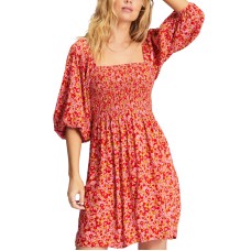 Billabong Womens Paradise Days Smocked Floral Dress, Pink Skies, Medium