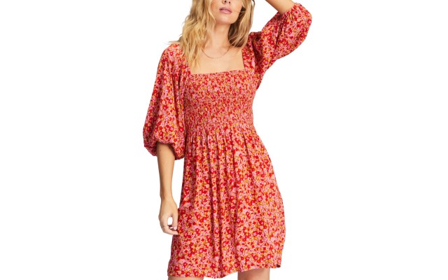  Womens Paradise Days Smocked Floral Dress, Pink Skies, Medium