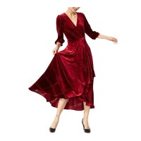 Calvin Klein Womens Zippered Pleated Lined Burnout Velvet Printed 3/4 Sleeve Surplice Neckline Midi Formal Faux Wrap Dress, Red,10