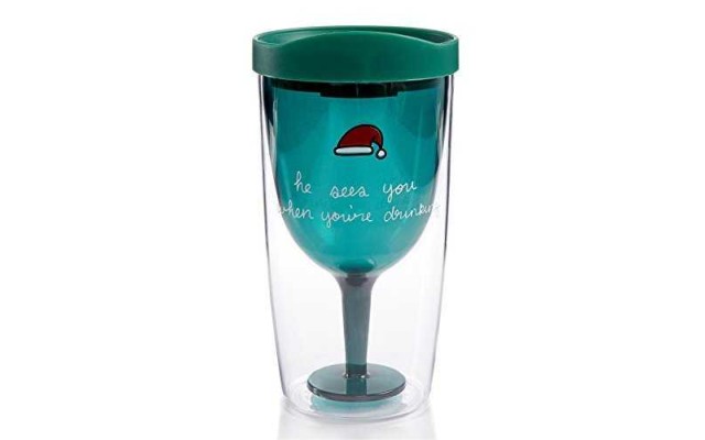 Celebrate Shop “He Sees You When You’re Drinking” Travel Wine Tumbler with Drinking Lid, Green