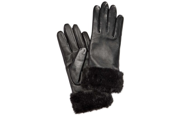  Faux Fur-Cuff Leather Tech Gloves (Black, S)