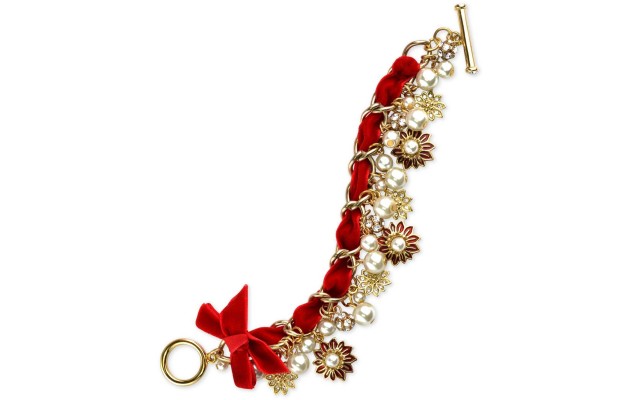  Gold-Tone Pave & Imitation Pearl Poinsettia Velvet Ribbon Bracelet – Gold