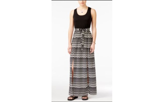 s Juniors Printed Belted Maxi Dress, Black/White, Small