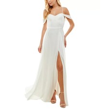 City Studios Womens Juniors’ Cold-Shoulder Lace-Up Gown, White/5