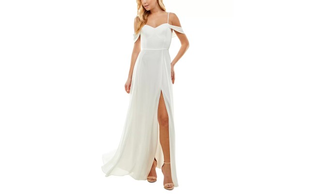 s Womens Juniors’ Cold-Shoulder Lace-Up Gown, White/5