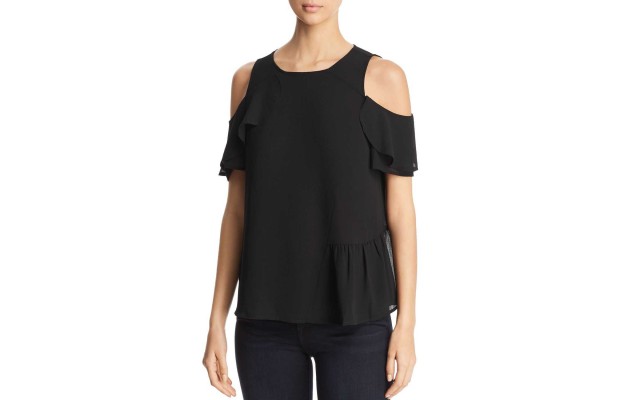  Asymmetric Ruffle Cold-Shoulder Top (Black, XS)