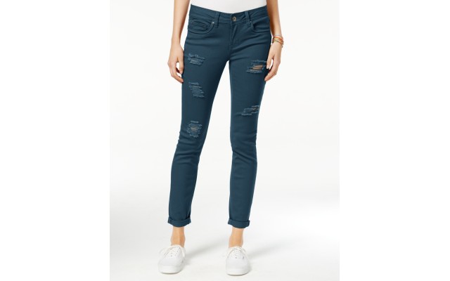  Juniors’ Ripped Colored Wash Roll-up Skinny Jeans(Azul, 3)