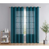 HLC.ME Abbey Faux Linen Textured Semi Sheer Privacy Light Filtering Transparent Window Grommet Floor Length Curtains Drapery Panels for Bedroom & Living Room, 2 Panels (54 W x 84 L, Grey Teal Blue)