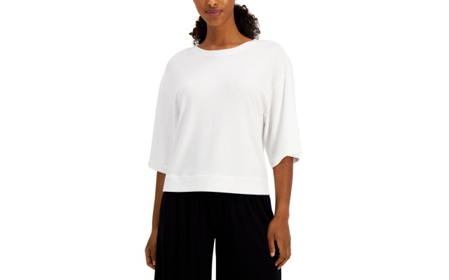  Womens Cropped Elbow-Sleeve Top, White, Large