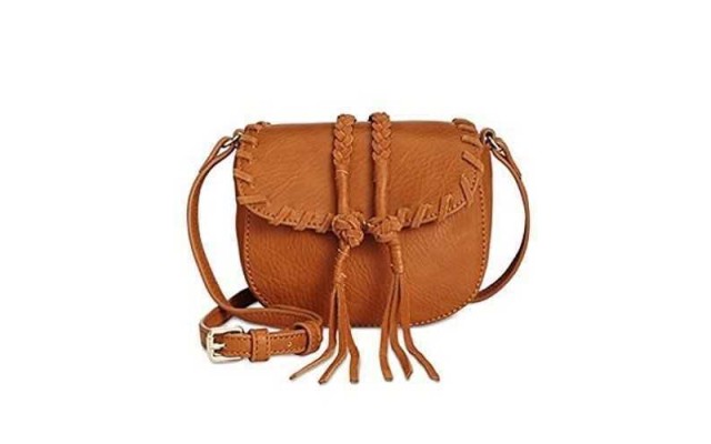 INC Womens Callie Leather Faux Leather Trim Saddle Handbag Brown Small