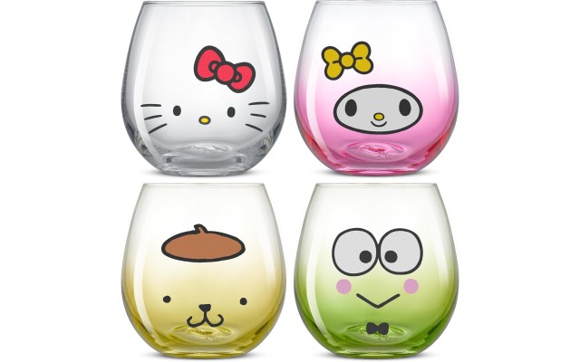  Sanrio Hello Kitty & Friends Hello Sippy Drinking Glasses, 15 oz Stemless Glass Cups Set of 4 ft Hello Kitty Keroppi My Melody Pompompurin, Cute Glasses for Water, Juice, Kawaii Tumbler