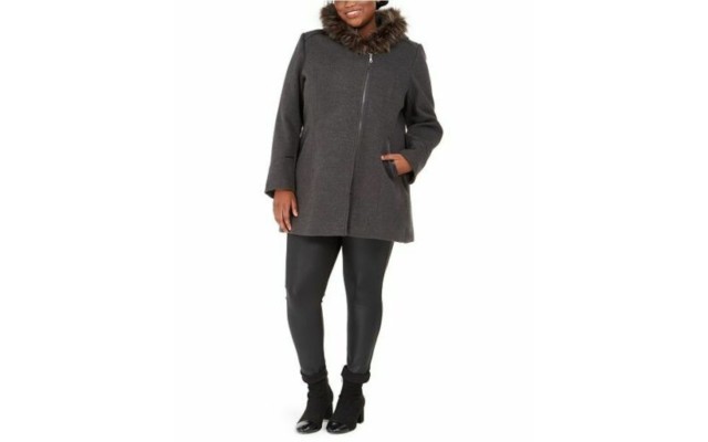 Maralyn & Me Juniors’ Faux-Fur-Trim Hooded Coat, Gray, XL