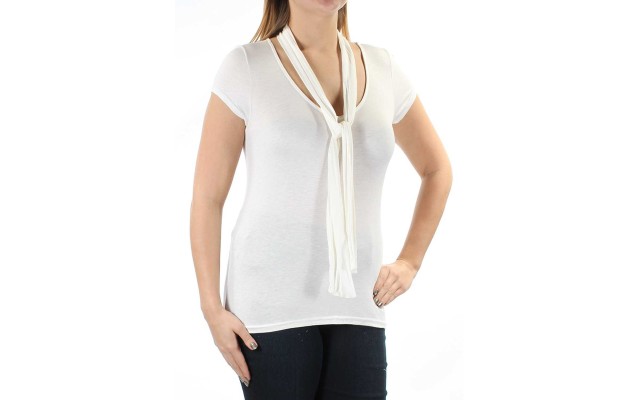 Polly & Esther Juniors Tie Nech Short Sleeve T-Shirt (Ivory, Large)