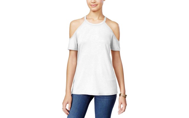  Juniors’ Cold-Shoulder Tee Top (Ivory, Small)