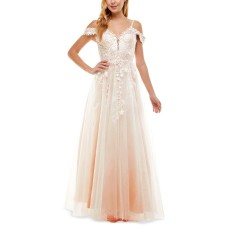 Say Yes To The Prom Women’s Off-The-Shoulder Ball Gown Dress, Ivory, 1