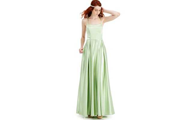 Womens Juniors’ Lace-Up-Back Satin Gown, Green/5