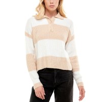 Ultra Flirt Juniors’ Striped Rugby Sweater, Beige, X-Small