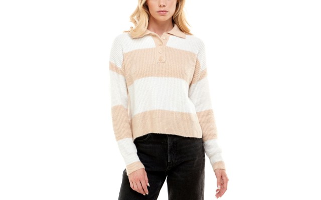  Juniors’ Striped Rugby Sweater, Beige, X-Small