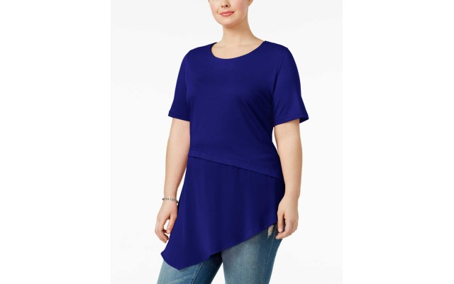  Trendy Plus Mixed-Media T-Shirt (Navy, 1X)