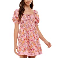City Studios Womens Juniors’ Smocked Lace-Trim Dress, Pink/XXS