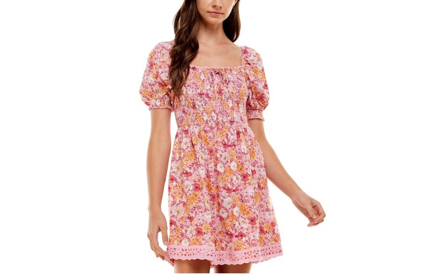 s Womens Juniors’ Smocked Lace-Trim Dress, Pink/XXS