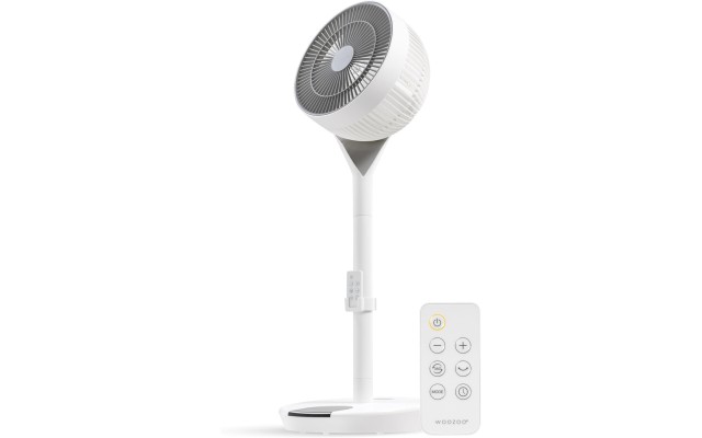 IRIS USA  Air Circulator Pedestal Fan with Remote, 360° Oscillation, 12 Speeds, Quiet Motor, 8h Timer, Touch Panel, Height Adjustable, Office, Dorm, Bedroom Fan, White/Gray
