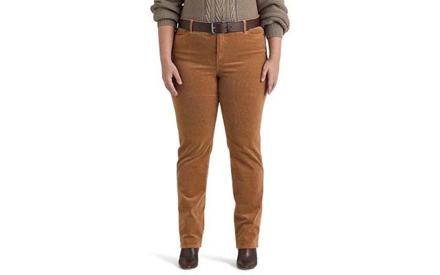  Women’s Plus Size Corduroy Mid Rise Straight Pants, Camel, 16W