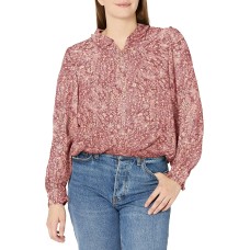 Lucky Brand Women’s Long Sleeve Printed Ruffle Collar Top, Pink Multi, X-Small