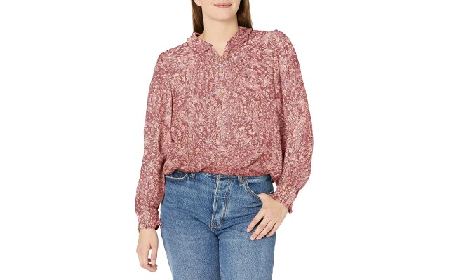  Women’s Long Sleeve Printed Ruffle Collar Top, Pink Multi, X-Small